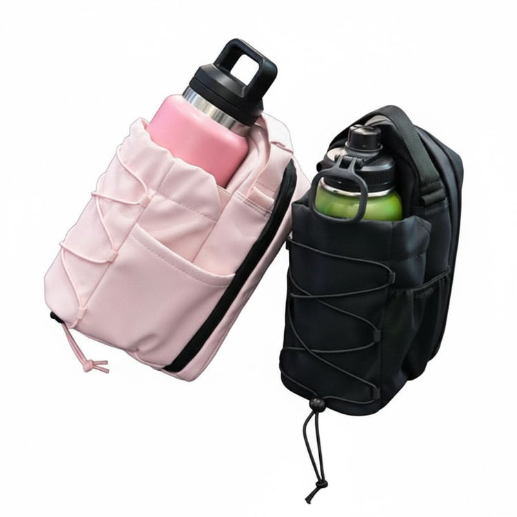 pink  and black magnetic gym bag with water bottles inside the bag and with background
