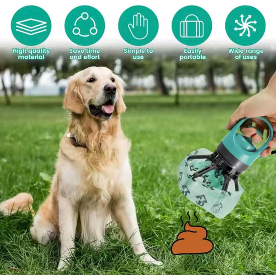 Dog sitting on grass with a person using a pet waste picker, surrounded by icons and text about product features.