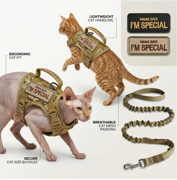 Two cats wearing tactical cat harnesses with accessories on a white background. Pawsifypets
