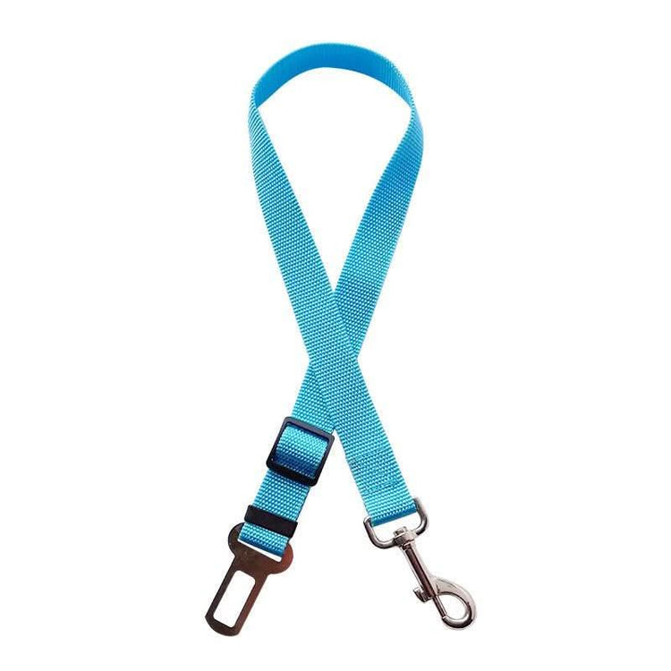 Blue adjustable dog car seat belt with metal buckle and clip on white background