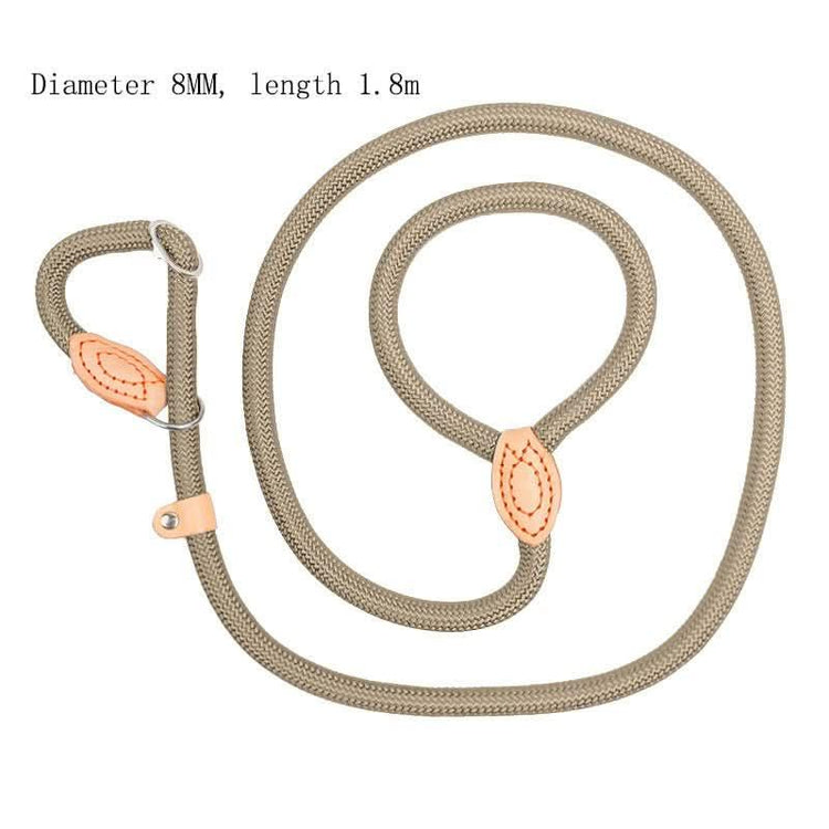 Durable beige rope dog collar leash with leather accents, 8mm thick, 1.8m long