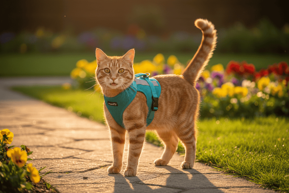 Cat wearing comfortable walking harness outdoors escape free harness secure harness escape proof harness pawsifypets