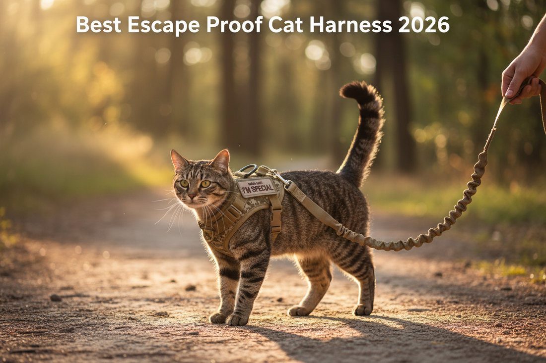 Pawsify tactical escape proof cat harness worn by tabby cat outdoors — best cat harness for walking with dual-point closure and control handle pawsifypets
