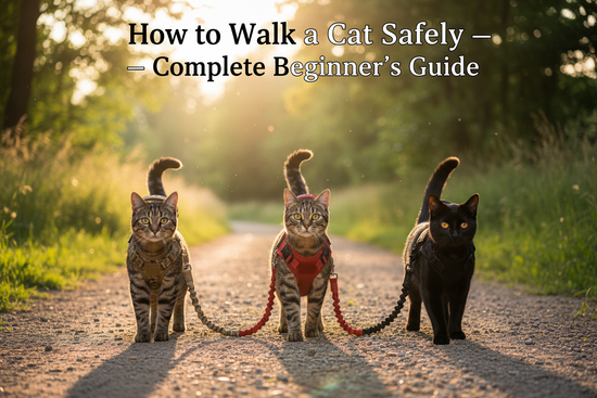 How to walk a cat safely outdoors — three cats wearing Pawsify tactical escape proof cat harnesses in camo, red and black with bungee leashes on a sunny trail pawsifypets