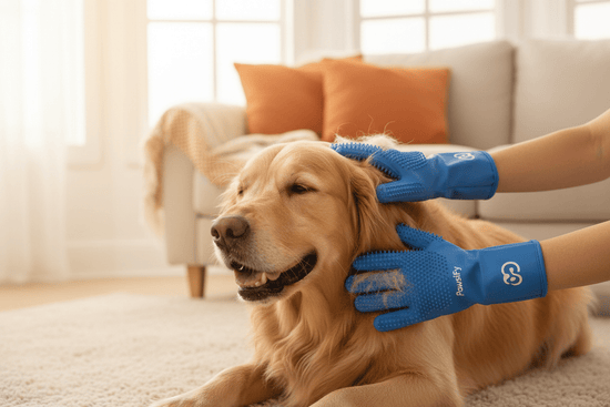 Pet grooming glove removing loose fur from dog or cat being used on a dog blue glove pawsifypets