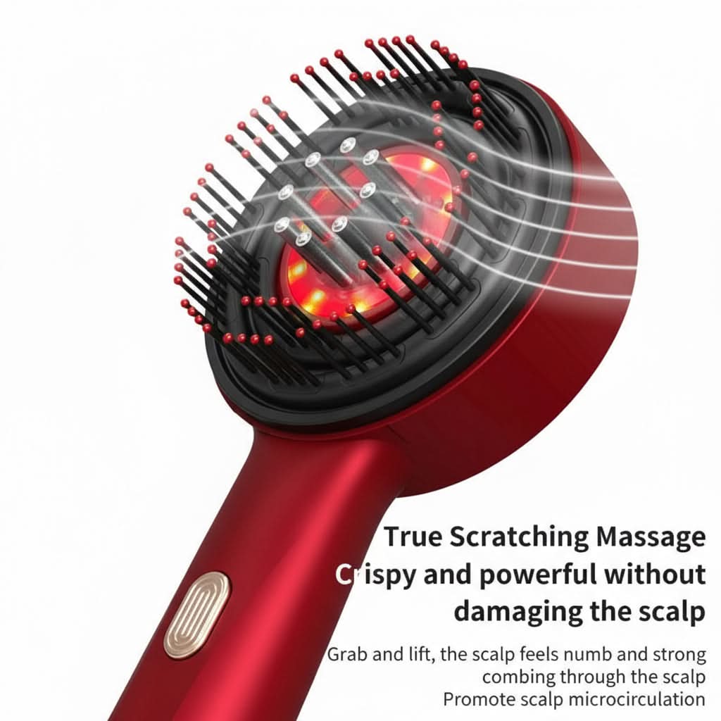 Red hairbrush with massage technology on a white background