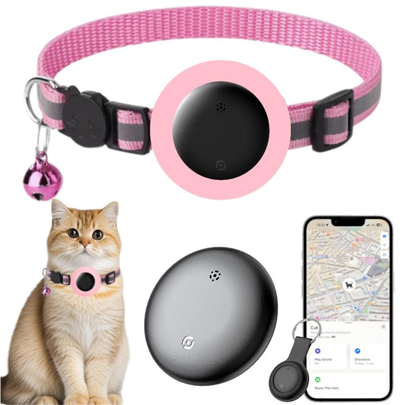 Pink pet collar with black device, bell, and cat model on white background