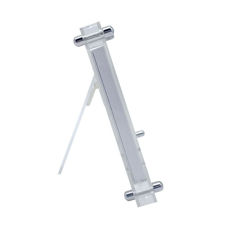 Clear stand with metal brackets on a white background