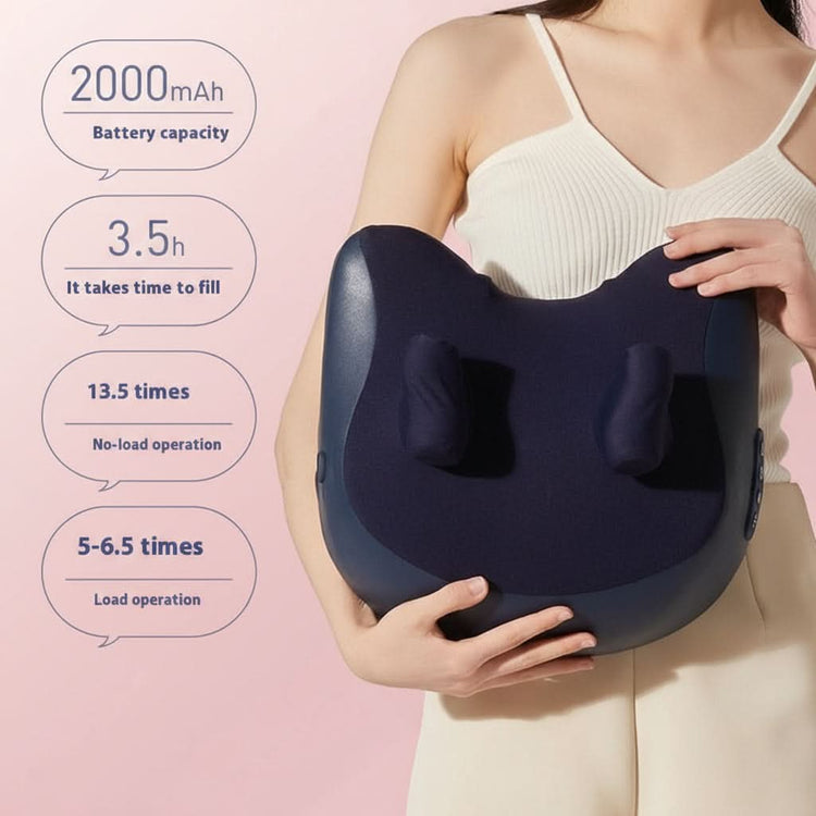 Person holding a blue pillow with charging details on a pink background