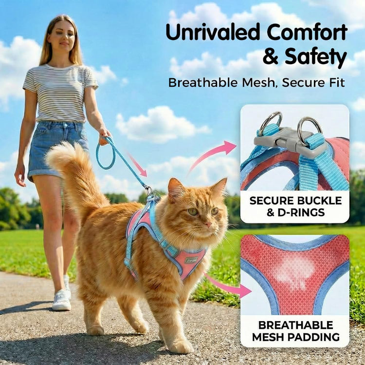 Woman walking a cat on a leash with a breathable mesh cat harness, set against a clear blue sky. Pawsifypets 