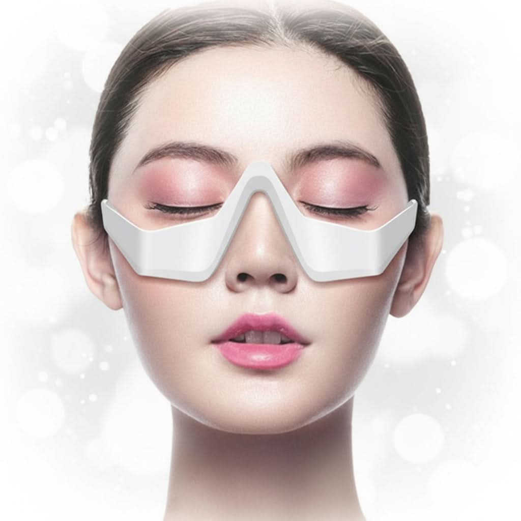 Woman wearing a white eye mask with text indicating its benefits on a white background