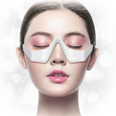 Woman wearing a white eye mask with text indicating its benefits on a white background