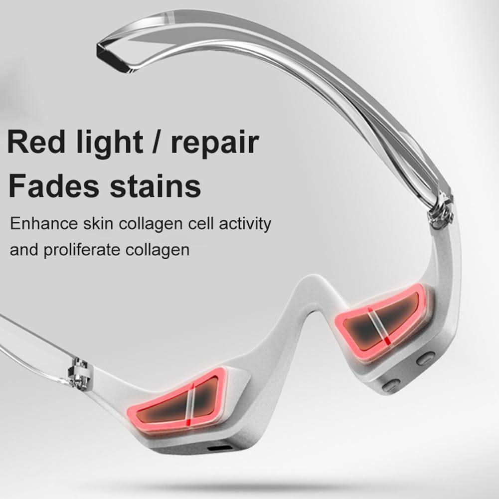 Goggles with red light panels on a white background, labeled for red light repair and skin collagen activity.