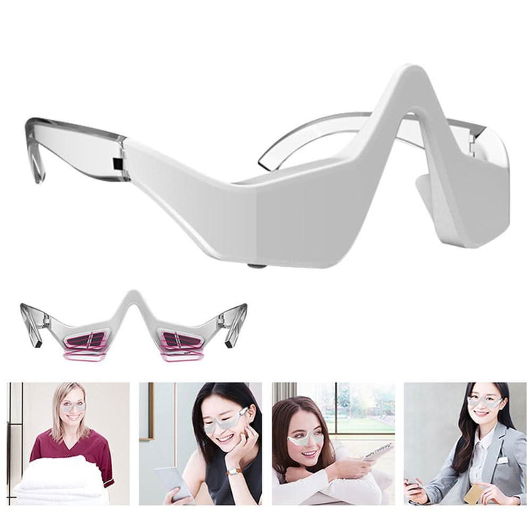 White eye mask with a small inset showing a close-up of the product, followed by images of people using the eye mask.