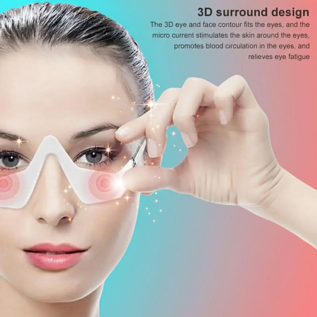 Woman using an eye pad with text about its benefits on a pink background