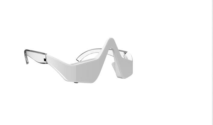 White futuristic sunglasses on the left and a pink heart-shaped object on the right against a white background.