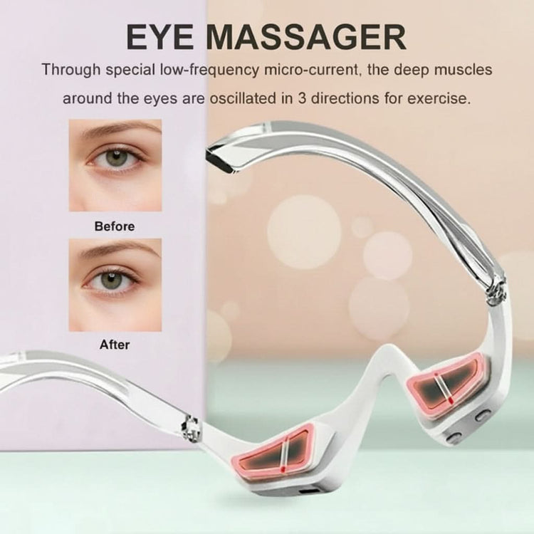 Eye massager with before and after effect on eyes on a pink background