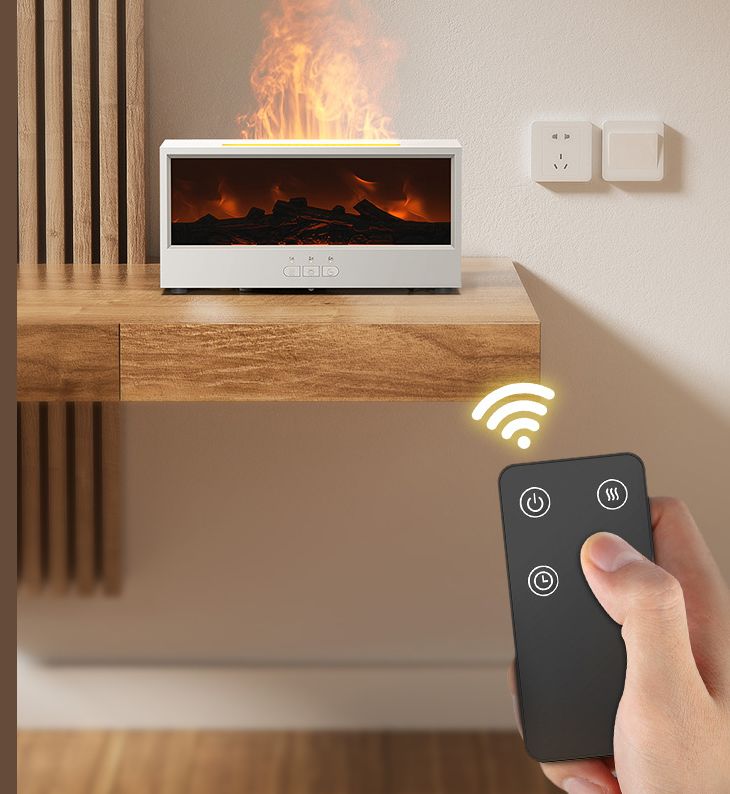 Wall-mounted electric fireplace with remote control in a room setting