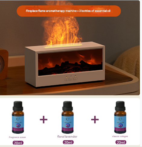 Fireplace flame aromatherapy machine with three bottles of essential oil on a wooden surface.