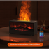 Fireplace flame aromatherapy machine on a wooden surface with an essential oil bottle.