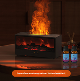 Fireplace flame aromatherapy machine with two bottles of essential oil on a wooden surface.