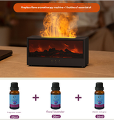 Fireplace flame aromatherapy machine with three bottles of essential oil on a wooden surface.