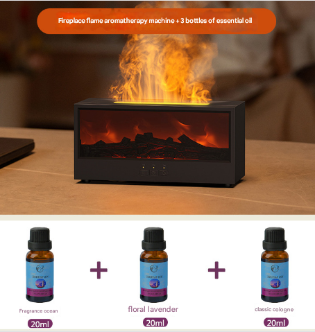 Fireplace flame aromatherapy machine with three bottles of essential oil on a wooden surface.