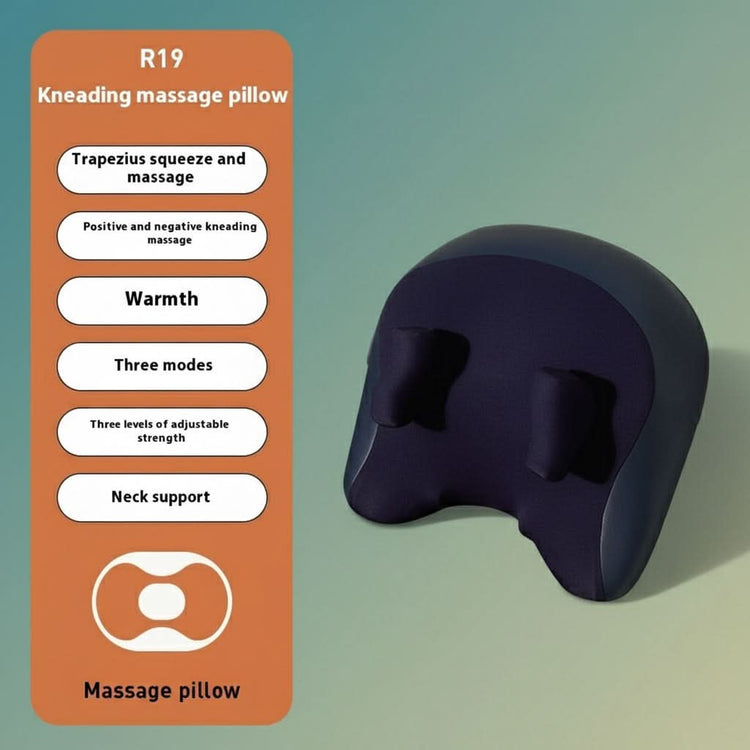 Kneading massage pillow with features listed on an orange panel against a gradient background