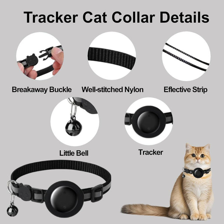Cat collar with tracker and various features highlighted on a gray background