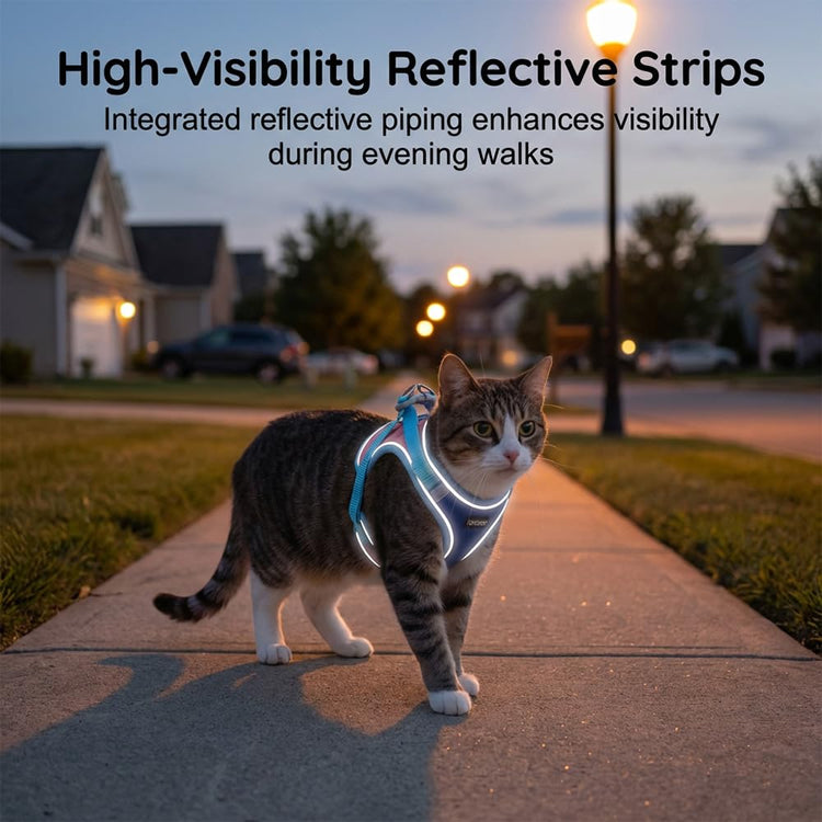 Cat wearing a high-visibility reflective harness on a sidewalk with text about its features. Pawsifypets 