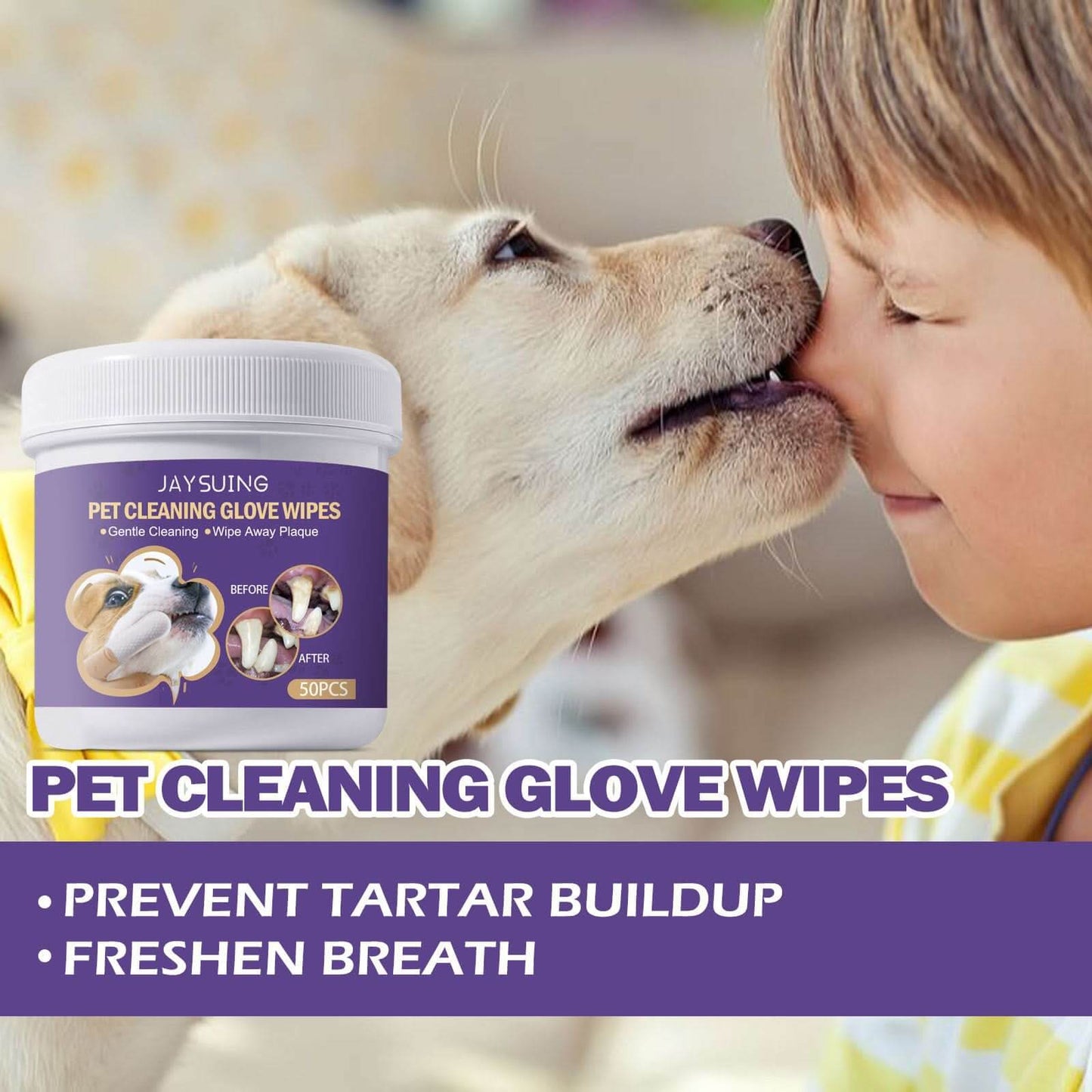 Pet Dental Wipes - Lemon Flavored Finger Tooth Cleaning Wipes for Dogs & Cats - PawsiFypets Pet Dental Care - 50pcs PawsiFypets