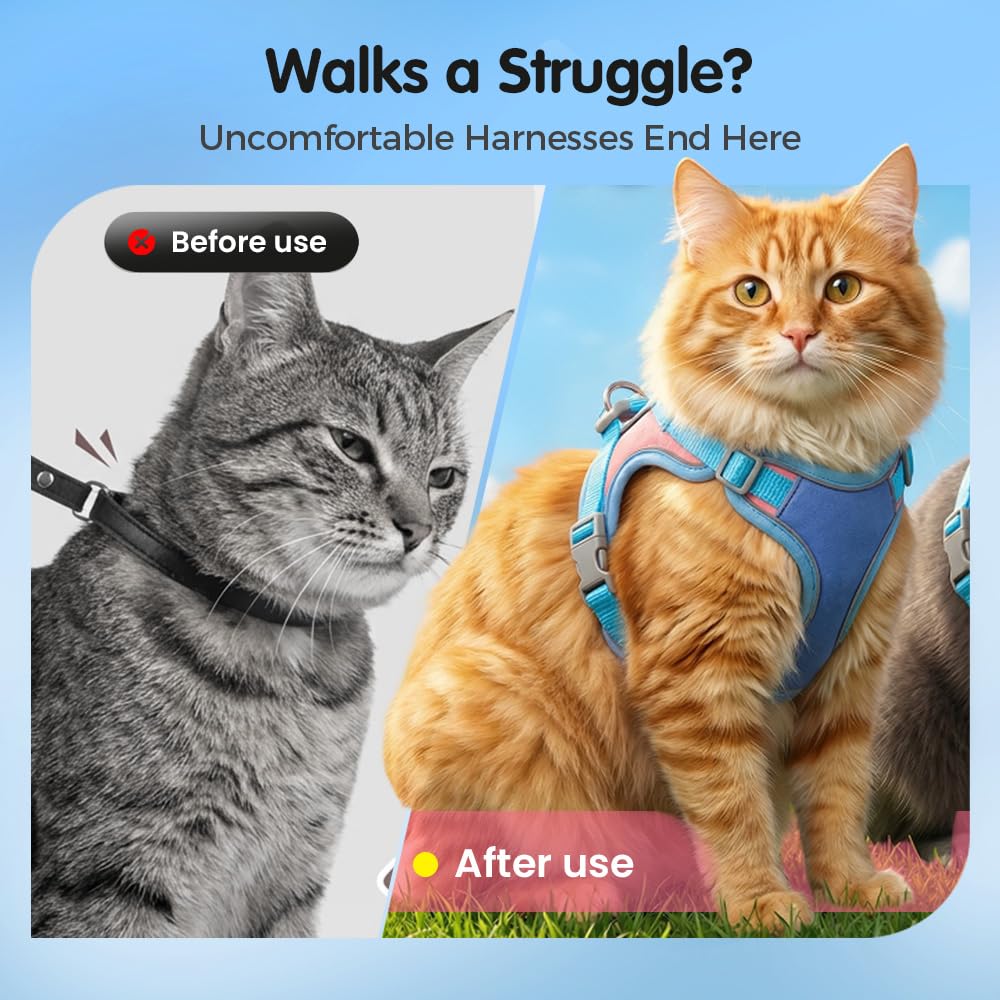 Comparison of a cat wearing an uncomfortable harness before and a cat wearing a comfortable harness after use. Pawsifypets 