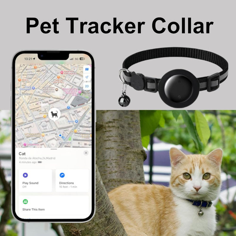 Pet tracker collar with smartphone app and cat wearing the collar outdoors
