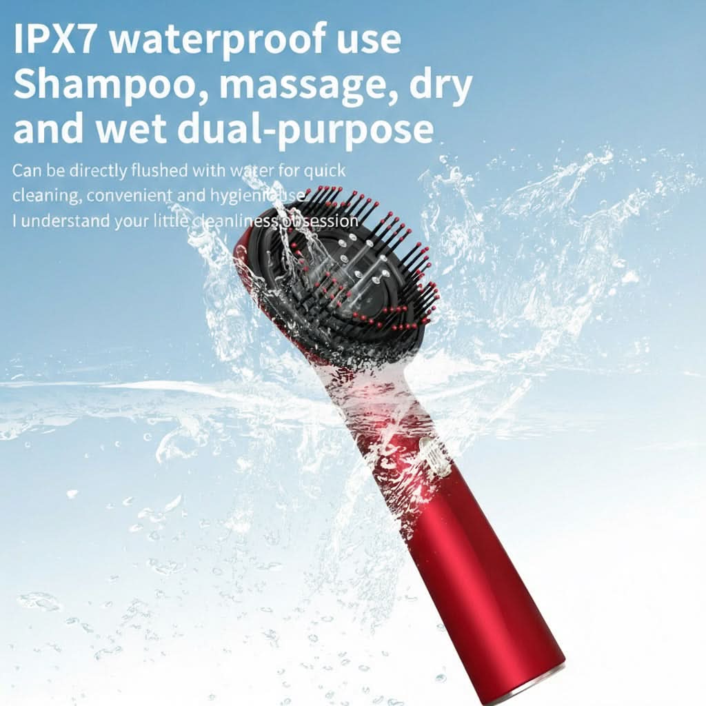 Red hairbrush with water splashes on a light blue background, featuring text about IPX7 waterproof use.