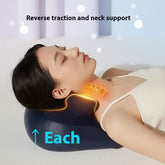Woman using a neck support device with glowing lines indicating reverse traction, on a light background.