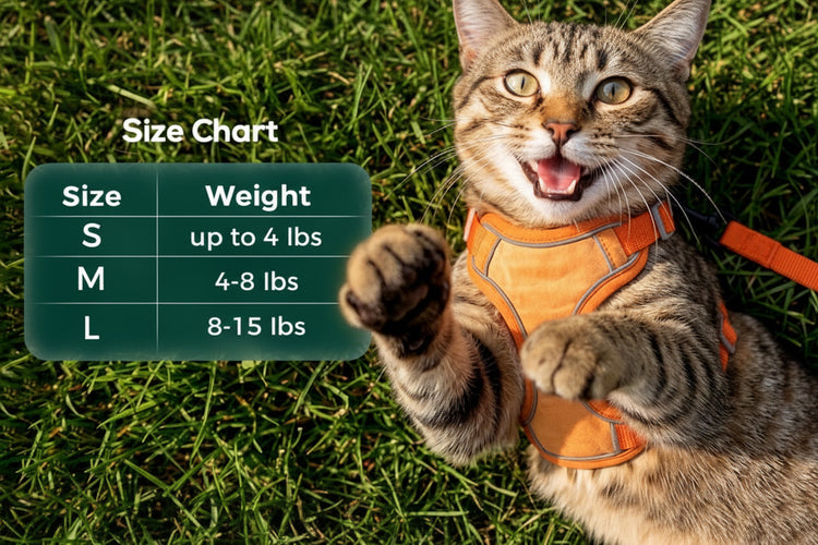 Cat wearing an orange harness with a size chart on a grass background Pawsifypets 