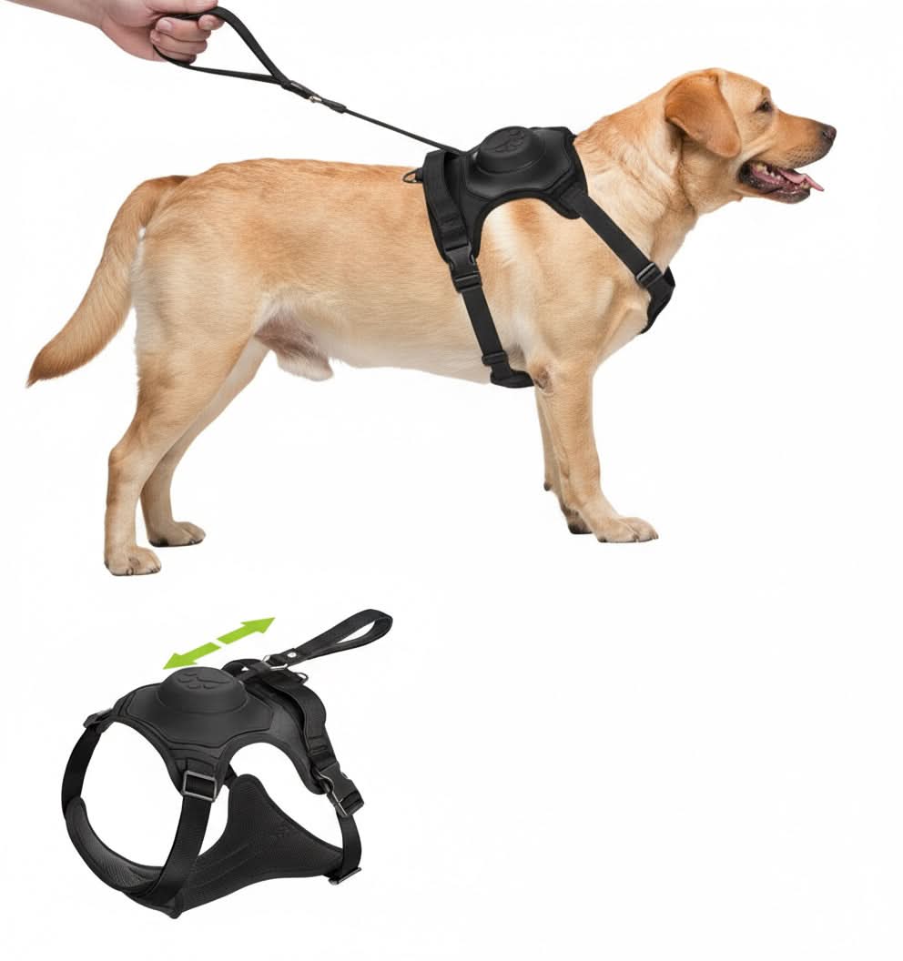 Dog wearing a black harness with a leash, on a white background