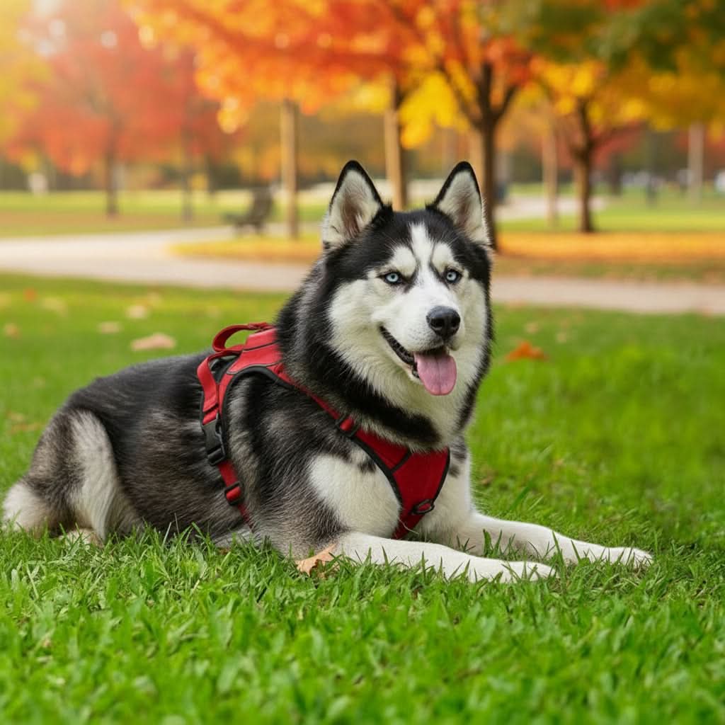 Dog wearing a red harness sitting on grass with autumn trees in the background