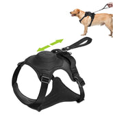 Black dog harness with a leash attachment on a white background