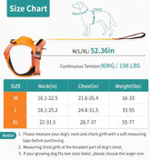 Dog harness size chart with measurements and weight capacity