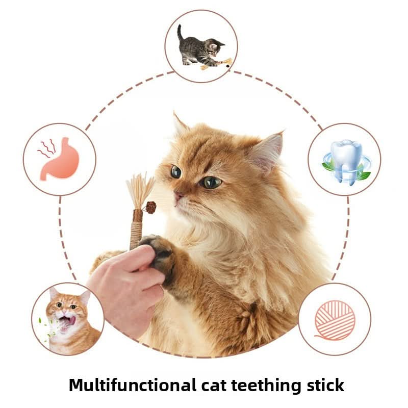 Multifunctional cat teething stick with a cat interacting with it on a white background.