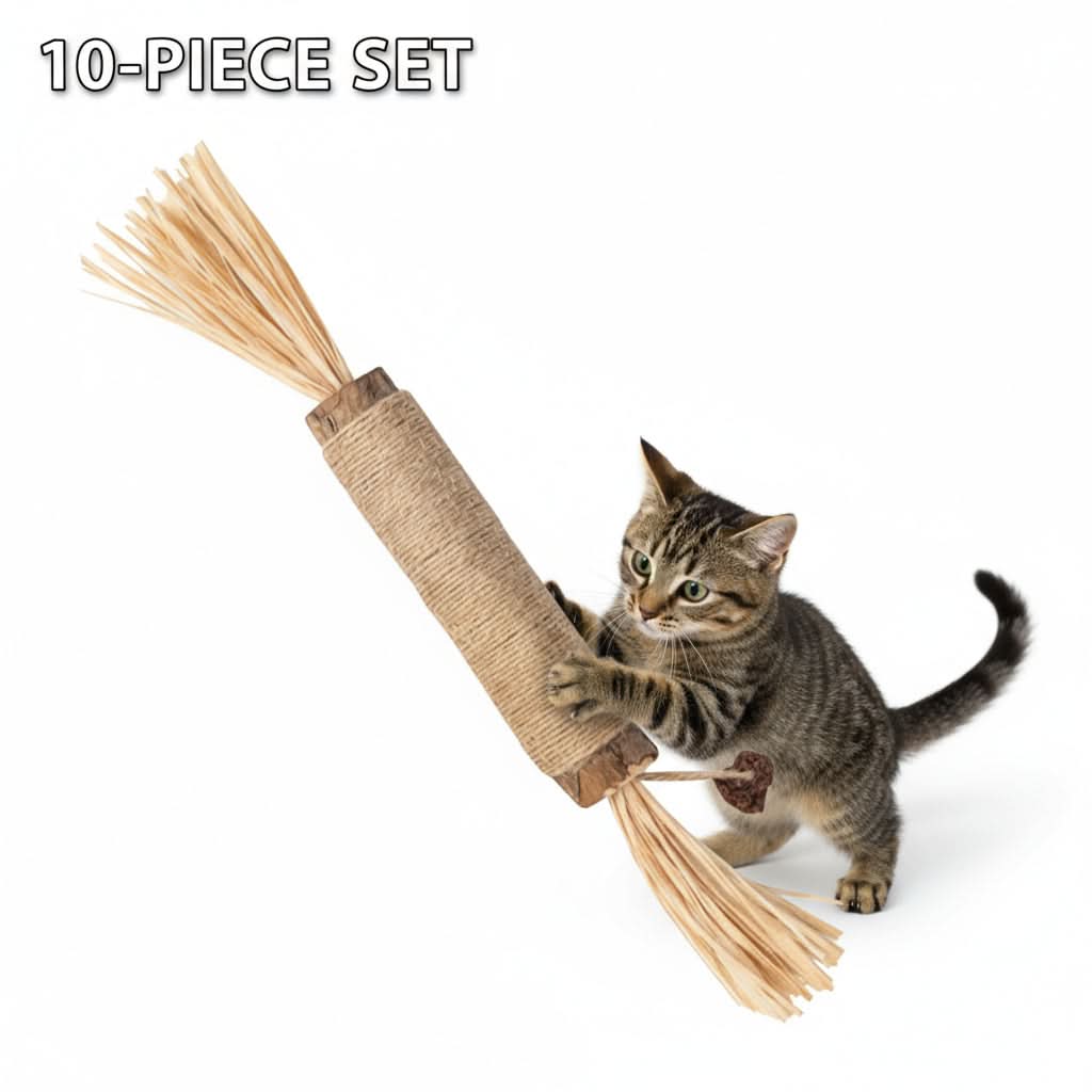 Cat playing with a 10-piece cat toy set on a white background
