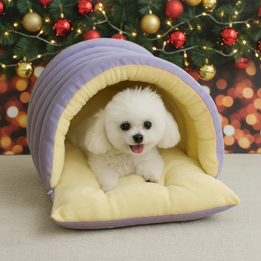 Small white dog in a yellow and purple pet bed with a Christmas tree in the background