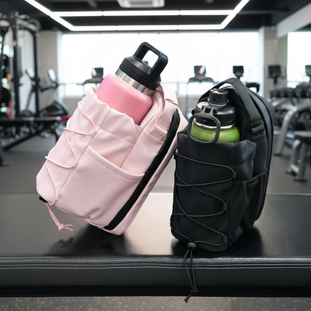 black and pink gym pouch bags sitting on a bench with gym picture background