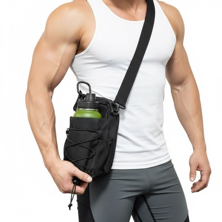 A man wearing white gym non sleeve shirt and holding a cross body gym bag with white background