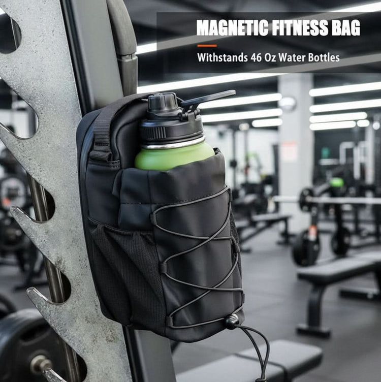 Magnetic black pouch gym back that is stuck to one of the gym machine in the gym room