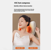Woman using a 45C hot compress on her neck with text describing its benefits.