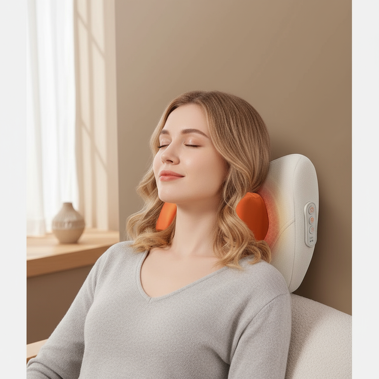 Woman using a massage pillow in a cozy room with a window.
