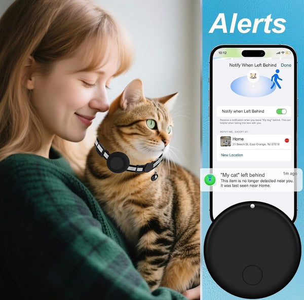 A woman holding a brown tabby cat wearing a black pet collar with a round wireless monitor, next to a phone app screen showing alerts and a large view of the black round device.