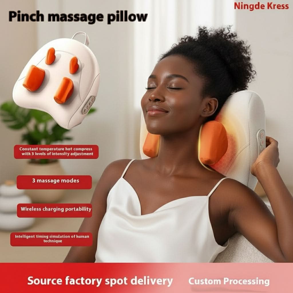 Woman using a pinch massage pillow with product details on a white background